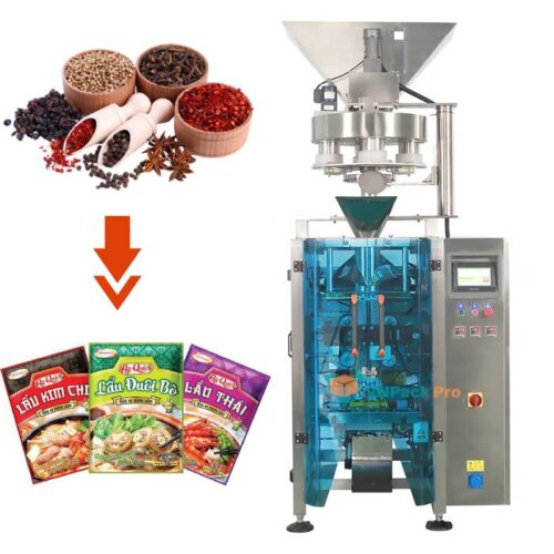 Máy đóng gói gia vị, bột gia vị VNPACK dùng để đóng gói các loại gia vị như muối, ớt, mì chính, ...