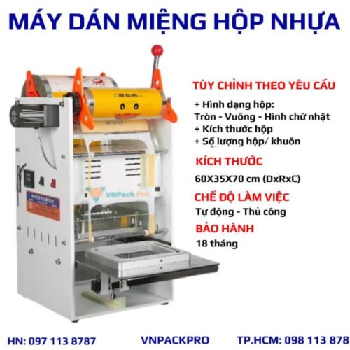 Máy dán miệng hộp nhựa - máy đóng gói đậu hũ bán tự động